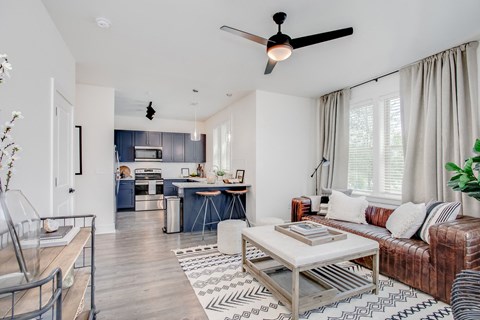 a living room with a couch and a table